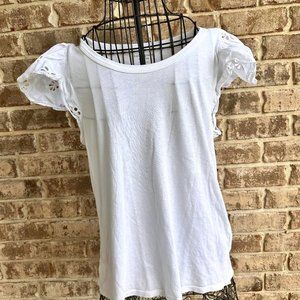 Kate Spade White Eyelet Mixed Media Tee Top Large Cotton Flutter Sleeves…